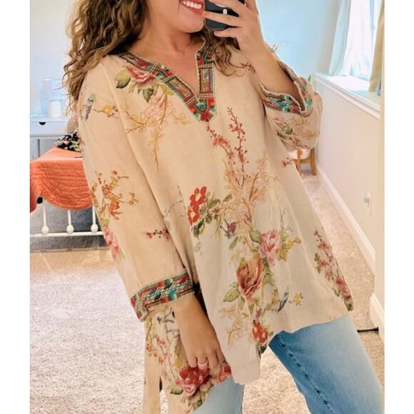 John Mark Boho‎ Aztec Embroidered Floral Tunic Top Multi Size Small - Picture 1 of 10